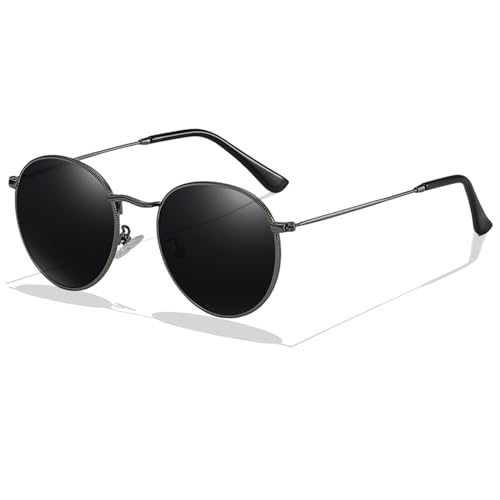 LOJUDI Retro Sonnenbrille Herren Rund Damen Polarisiert Runde GläSer UV400 Schutz Vintage Unisex Brille - Silber Rahmen/Grau Linse von LOJUDI