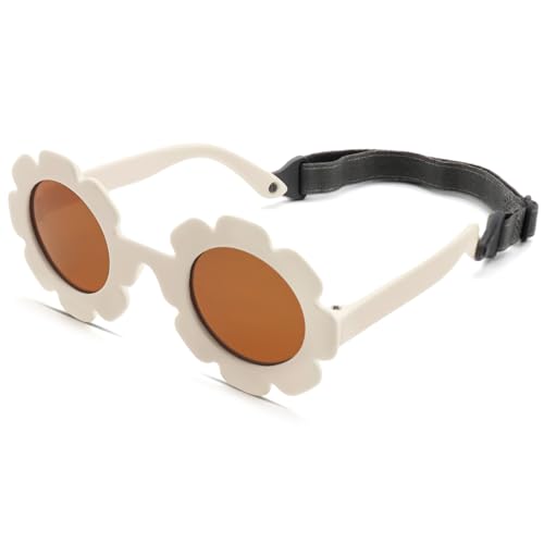 LOJUDI Sonnenbrille Baby Polarisierte mit Riemen Verstellbar Blume Silikonrahmen Baby Sonnenbrille UV400 Schutz für 0-24 Monate-Weiß/Braun von LOJUDI