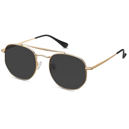 LOJUDI Sonnenbrille Herren Damen Polarisiert - Polygon Metallrahmen Retro Eckig Pilotenbrille Schwarz Sunglasses Men Woman UV400 Schutz Brille-Gold/Schwarz von LOJUDI