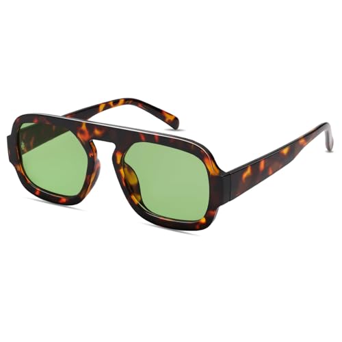 LOJUID Retro Sonnenbrille Damen Herren Eckig Vintage Pilotenbrille Groß Gläser Coole Brille Sunglasses Woman Men mit UV Schutz-Leopard/Grün von LOJUDI