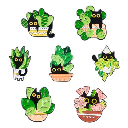 Cheriswelry 7pcs Cartoon Topf Pflanze Emaille Pins süße schwarze Katzenlegierung Brosche für Rucksackkleidung Metall Brosche Rucksackstifte 27,5~30,5 mm für Frauen Männer DIY NEWING JACKE JACE JACE von LOKAXXZU