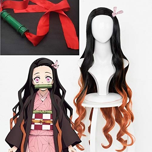 Dämon Slayer Kimetsu no yaiba Kamado Nezuko Cosplay Perücke Hitzebeständige synthetische Haar Perücken + Perückenkappe + Bambusprops von LOKAXXZU