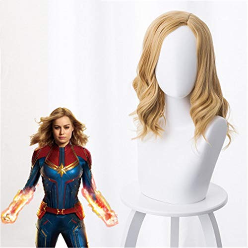 Film Carol Danvers Curly Women Captain Coplay Perücke Golden Curly Hair Synthetic Hair Halloween Party Kostüm Perücke+Perückenkappe von LOKAXXZU