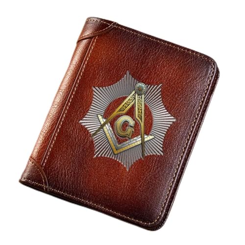 Herren Neuheit echte Lederbrieftaschen, Freimaurer Symbol mit hoher Kapazität Triufold Slim Vintage Short Wallet, Freimaurerkartenhalter Münze Luxus männliche Geschenkbrieftasche, Ag Symbol 23 von LOKAXXZU