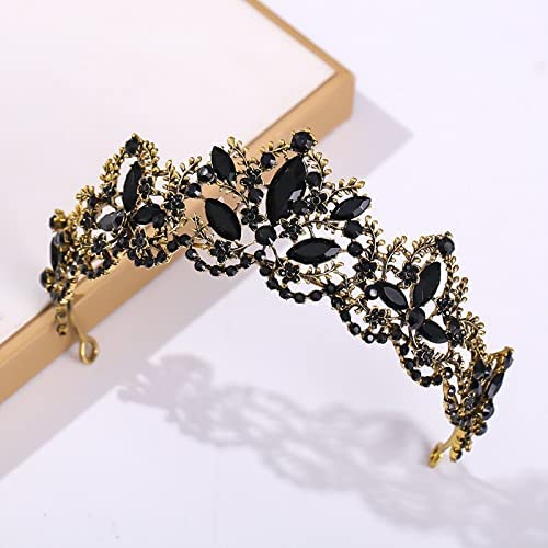 Jyuiipcz Barock Krone Schwarzes Strass Stirnbänder Gold Farbe Metall Haarbänder Braut Hochzeit Haare Kronen Braut Halloween Schmuck Schmuck von LOKAXXZU