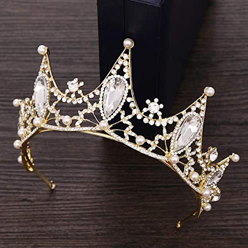 Jyuiipcz Krone Kopfstück, Barockkristallperle Braut -Tiaras Kronen Haarschmuck Rasshochzeit Krone Tiara Gold Diadem Braut Haarkronen für Mädchen Damen Brides von LOKAXXZU