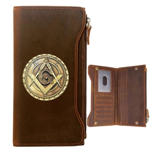 LOKAXXZU Einzigartige Freimaurer der Männer echte Lederbrieftaschen, Freimaurer -AG -Symbol -Kartenhalter Geldbeutel, schlanker Vintage -Reise -Brieftasche mit Datenschutzschutz (MA92) von LOKAXXZU