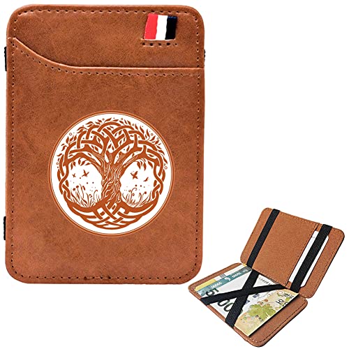 LOKAXXZU Herren Fashion Mini Taschen Geldbörsen, bibles tragbares schlankes Viking Amulett Runen Kurze Geldbörsen, Leder Geldklammern Kreditkartenbeutel, Bargeldpasshalter, Brown, Tree of Life1 von LOKAXXZU