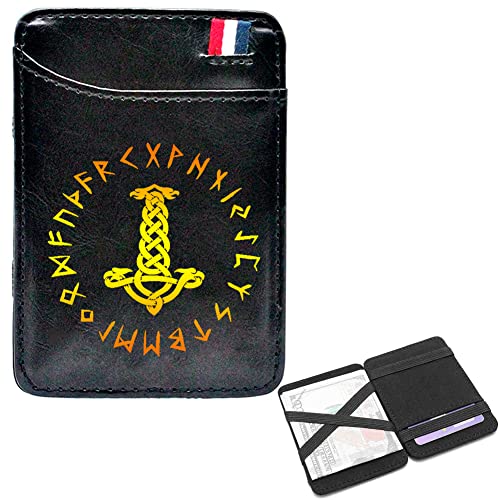 LOKAXXZU Herren Fashion Mini Taschen Geldbörsen, bibles tragbares schlankes Viking Amulett Runen Kurzer Brieftaschen, Ledergeldklammern Kreditkartenbeutel, Bargeldpasshalter, Schwarz, Mjolnir3 von LOKAXXZU