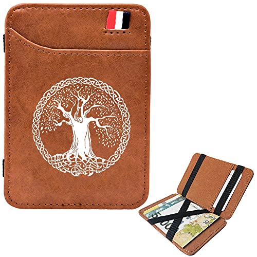 LOKAXXZU Herren Mode Mini Taschen Geldbörsen, bibles tragbares schlankes Viking Amulett Runen Kurze Geldbörsen, Ledergeldklammern Kreditkartenbeutel, Bargeldpasshalter, Brown, Tree of Life4 von LOKAXXZU