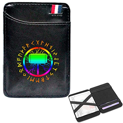LOKAXXZU Herren Mode Mini Taschen Geldbörsen, bibles tragbares schlankes Viking Amulett Runen Kurze Geldbörsen, Ledergeldklammern Kreditkartenbeutel, Bargeldpasshalter, Schwarz, Mjolnir1 von LOKAXXZU