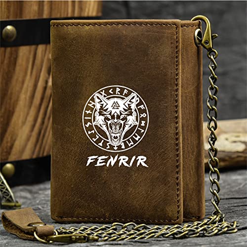 Männer Neuheit Slim Trifold Wallet, einzigartiges Viking -Symbol großer Kapazitäts -Kreditkartenhalterin, echtes Leder Western Rodeo Reise ID Kurzkette Geldbörse männliches Geschenk, Brown, Fenrir von LOKAXXZU