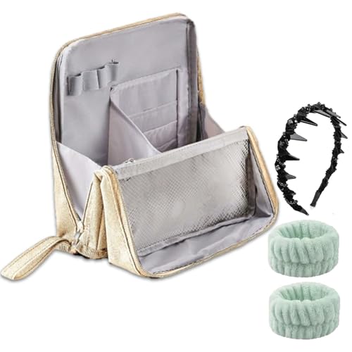 Stehende Make-up-Tasche, tragbarer, wasserdichter Make-up-Organizer mit großer Kapazität und Fächern, tragbarer Kulturbeutel, wasserdichter Make-up-Organizer for unterwegs und zu Hause(Beige) von LOKORI