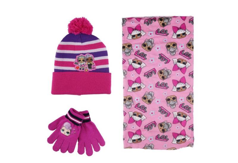 L.O.L. SURPRISE! Bommelmütze LOL Surprise Kinder Winter Set Mütze Handschuhe Snood Schaal Gr. 52 oder 54, Lila oder Rosa von L.O.L. SURPRISE!