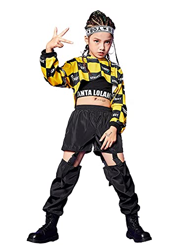 LOLANTA 3-teiliges Hip Hop Kleidung Set für Mädchen, Streetdance Outfit, Kapuzenpullover, Weste, Cargohose, Gelb, 6-7 Jahre, 130 von LOLANTA