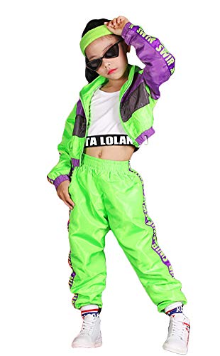 LOLANTA 3-teiliges Hip-Hop-Kleidungsset für Mädchen, Street-Dance-Outfit für Kinder, kurzes Trägershirt, Fluoreszierende grüne Jacke und Joggerhose, Grün, Etikettengröße: 130 von LOLANTA