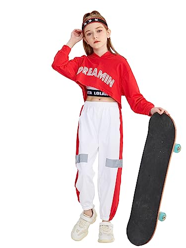 LOLANTA 3-teiliges Set Mädchen Hip Hop Tanzkleidung, Street Dance Kleidung für Kinder, Hoodie, Tank Top, Joggerhose, Rot, 10-11 Jahre, 150 von LOLANTA