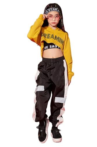 LOLANTA 3-teiliges Set Mädchen Hip Hop Tanzkleidung, Street Dance Kleidung für Kinder, Hoodie, Tank Top, Joggerhose, Gelb, 13-15 Jahre, 170 von LOLANTA