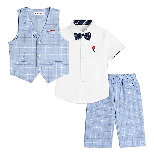 LOLANTA 4-teiliger Kinder Freizeit Anzug Set, Jungen Sommer Festlich Hochzeitsanzug, Kurzarm Hemd, Fliege, Weste, Kurze Hose, Blau kariert, 5-6 Jahre, 130 von LOLANTA