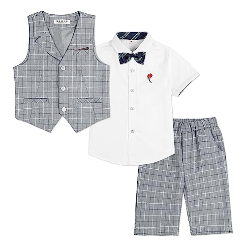 LOLANTA 4-teiliger Kinder Freizeit Anzug Set, Jungen Sommer Festlich Hochzeitsanzug, Kurzarm Hemd, Fliege, Weste, Kurze Hose, grau kariert, 160 von LOLANTA