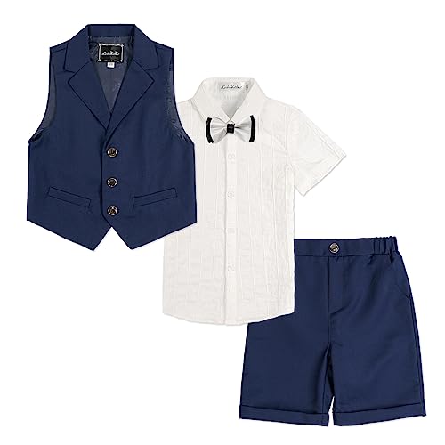 LOLANTA 4-teiliger Kinder Freizeit Anzug Set, Jungen Sommer Festlich Hochzeitsanzug, Kurzarm Hemd, Fliege, Weste, Kurze Hose, Dunkelblau, 110 von LOLANTA