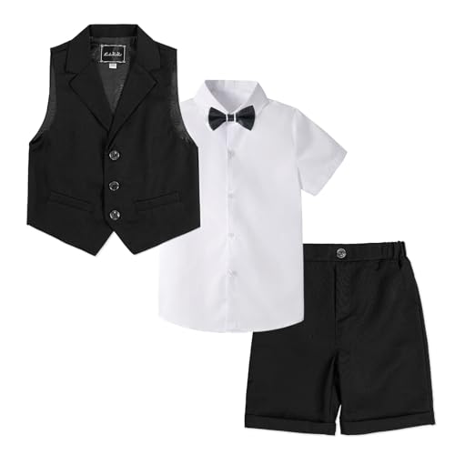 LOLANTA 4-teiliger Kinder Freizeit Anzug Set, Jungen Sommer Festlich Hochzeitsanzug, Kurzarm Hemd, Fliege, Weste, Kurze Hose, Schwarz, 3-4 Jahre, 110 von LOLANTA