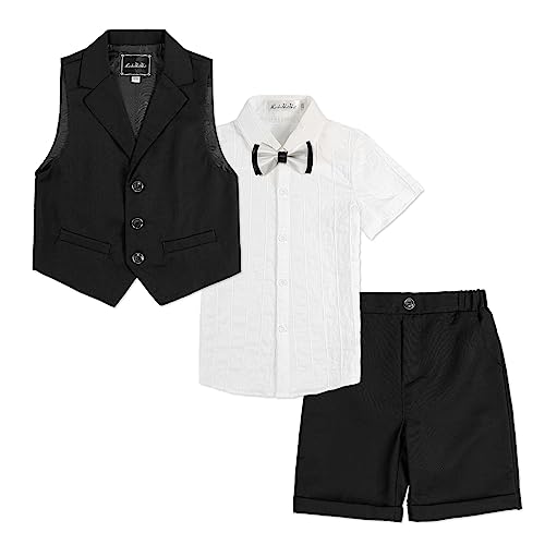 LOLANTA 4-teiliger Kinder Freizeit Anzug Set, Jungen Sommer Festlich Hochzeitsanzug, Kurzarm Hemd, Fliege, Weste, Kurze Hose, Schwarz, 120 von LOLANTA