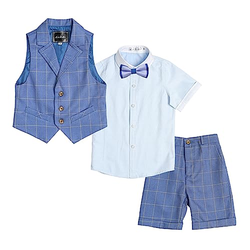 LOLANTA 4-teiliger Kinder Freizeit Anzug Set, Jungen Sommer Festlich Hochzeitsanzug, Kurzarm Hemd, Fliege, Weste, Kurze Hose, dunkelblau kariert, 170 von LOLANTA