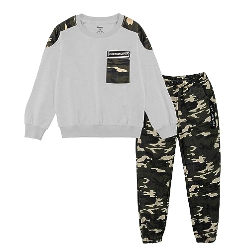 LOLANTA Jungen Grau Langarm T-Shirt + Camouflage Hosen, 2-teiliges Bekleidungssets für Kinder, Grau, Etikettengröße: 140 von LOLANTA