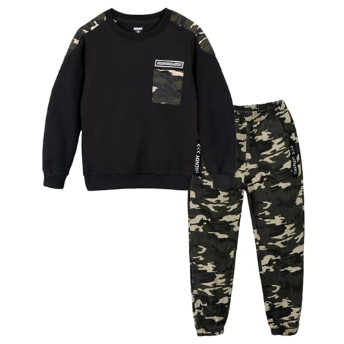 LOLANTA Jungen Schwarz Langarm T-Shirt + Camouflage Hosen, 2-teiliges Bekleidungssets für Kinder, Schwarz, Etikettengröße: 130 von LOLANTA