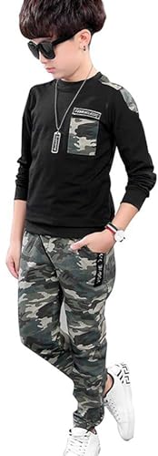 LOLANTA Jungen Schwarz Langarm T-Shirt + Camouflage Hosen, 2-teiliges Bekleidungssets für Kinder, Schwarz, Etikettengröße: 160 von LOLANTA