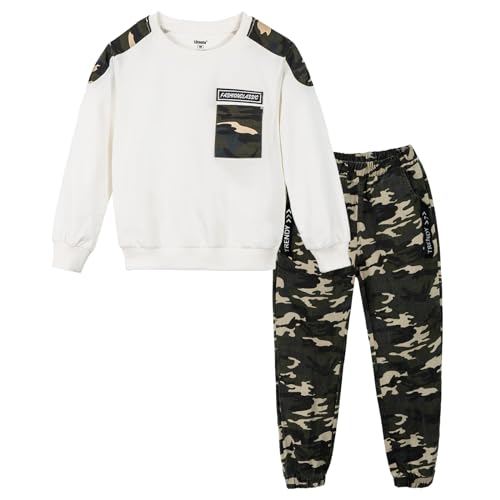 LOLANTA Jungen Teen Weiß Langarm T-Shirt + Camouflage Hosen, 2-teiliges Bekleidungssets für Kinder, Weiß, Etikettengröße: 120 von LOLANTA