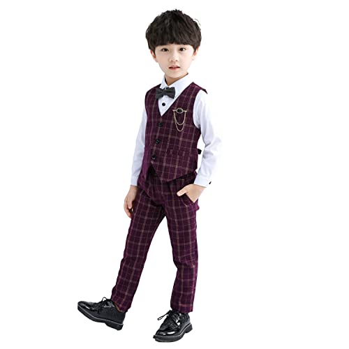 LOLANTA 4-teiliges Festliche Jungen Westen Set, Jungen Hochzeit Anzug,Weste, Hemd, Hose mit Fliege(8-9 Jahre,Rot,Tag 140) von LOLANTA