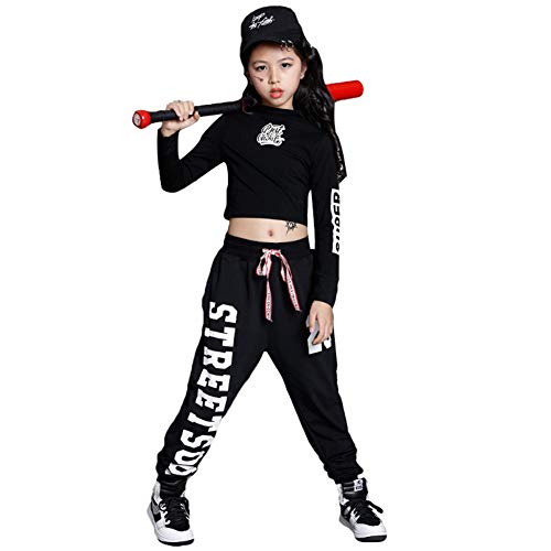 Mädchen Hip Hop Kleidung, Kinder Street Dance Outfit, kurzes T-Shirt, Baggy Jogginghose Tanzkleidung, Schwarz, 150 von LOLANTA