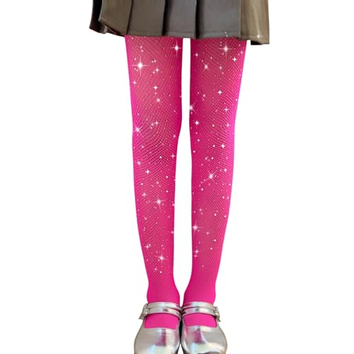 LOLANTA 2-Pack Mädchen Netzstrumpfhosen, glitzernde Strumpfhosen mit Strasssteinen für Kinder Tanzstrumpfhosen, Glänzend Rosarot, 8-13 Jahre, XL von LOLANTA