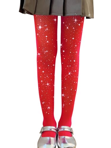 LOLANTA 2-Pack Mädchen Netzstrumpfhosen, glitzernde Strumpfhosen mit Strasssteinen für Kinder Tanzstrumpfhosen, Glänzend Rot, 4-8 Jahre, L von LOLANTA