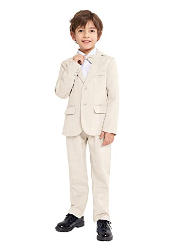 LOLANTA 3-teiliges Jungen Plaid Anzug Set, Eleganter Blazer für Hochzeits-Abschlussball, Formelle Kleidung Jacken-Hose-Fliege Set(Beige,10-11 Jahre,Etikettengröße 150) von LOLANTA