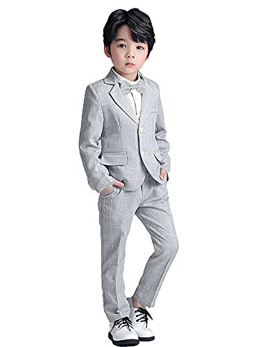 LOLANTA 3-teiliges Jungen Plaid Anzug Set, Eleganter Blazer für Hochzeits-Abschlussball, Formelle Kleidung Jacken-Hose-Fliege Set(Grau,10-11 Jahre,Etikettengröße 150) von LOLANTA