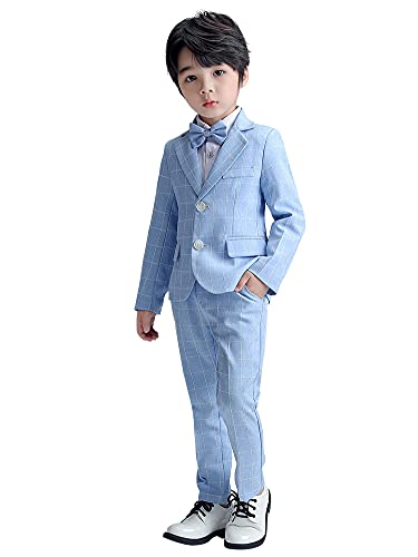 LOLANTA 3-teiliges Jungen Plaid Anzug Set, Eleganter Blazer für Hochzeits-Abschlussball, Formelle Kleidung Jacken-Hose-Fliege Set (11-12 Jahre, Blau) von LOLANTA