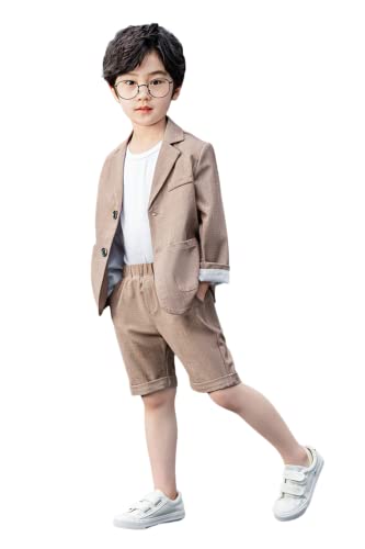 LOLANTA Karierter festlicher Anzug für Kinder, Sommer-Hochzeitsparty-Anlasskleidung, leichte Freizeitanzugjacke und Kurze Hosen, Khaki, 120 von LOLANTA