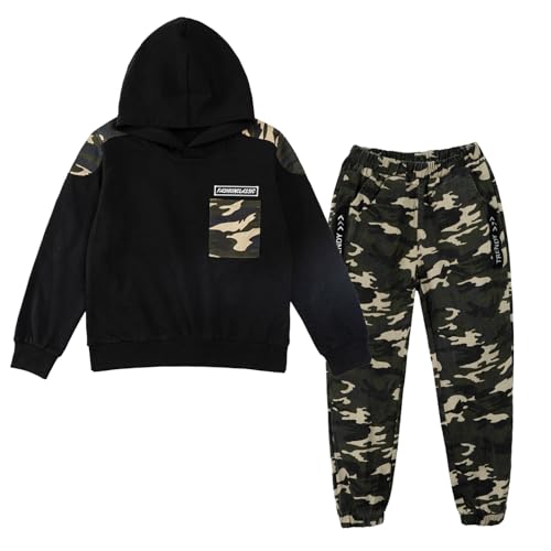 LOLANTA 2PCS Kinder Trainingsanzug Jungen Sweatshirt Set Block Hoodie Top & Camouflage Cargohosen Anzug, Schwarz, 11-12 Jahre, 160 von LOLANTA