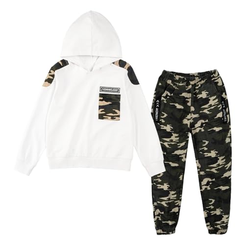 LOLANTA 2PCS Kinder Trainingsanzug Jungen Sweatshirt Set Block Hoodie Top & Camouflage Cargohosen Anzug, Weiß, 11-12 Jahre, 160 von LOLANTA