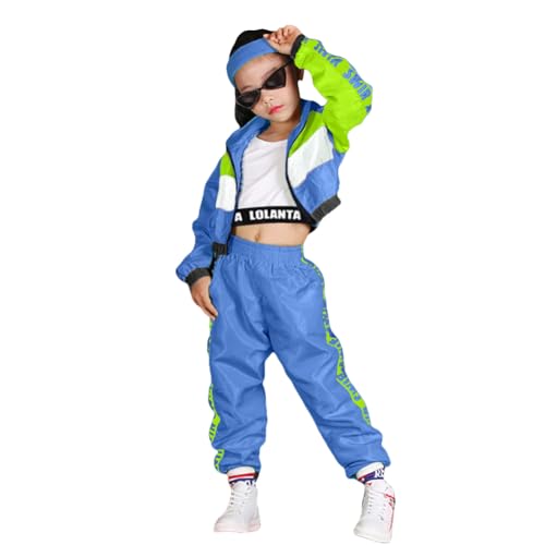 LOLANTA 3-teilige Streetdance-Outfits für Mädchen, Stylische Hip Hop Kleidung, Cropped Tank Top, Jacke & Jogginghose, Dunkelblau, Tag Größe:130 von LOLANTA