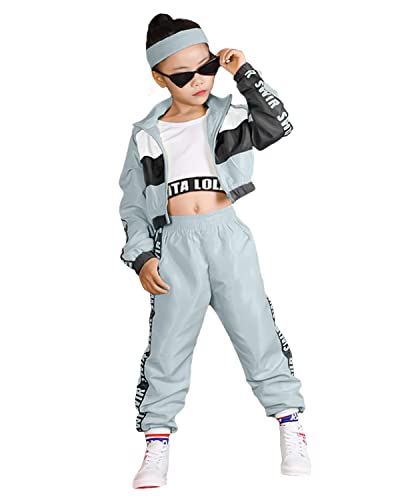LOLANTA 3-teiliges Hip-Hop-Kleidung Set für Mädchen, StreetDance-Outfit für Kinder, kurzes Trägershirt, Jacke und Joggerhose, Blau, Etikettengröße: 120 von LOLANTA