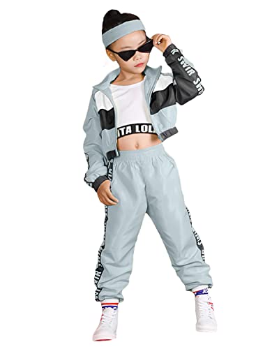 LOLANTA 3-teiliges Hip-Hop-Kleidung Set für Mädchen, StreetDance-Outfit für Kinder, kurzes Trägershirt, Jacke und Joggerhose, Blau, Etikettengröße: 160 von LOLANTA