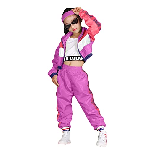 LOLANTA 3-teiliges Hip-Hop-Kleidung Set für Mädchen, StreetDance-Outfit für Kinder, kurzes Trägershirt, Jacke und Joggerhose, Rosérot, Etikettengröße: 160 von LOLANTA