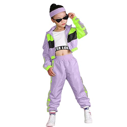 LOLANTA 3-teiliges Hip-Hop-Kleidung Set für Mädchen, StreetDance-Outfit für Kinder, kurzes Trägershirt, Jacke und Joggerhose, Violett, Etikettengröße: 110 von LOLANTA