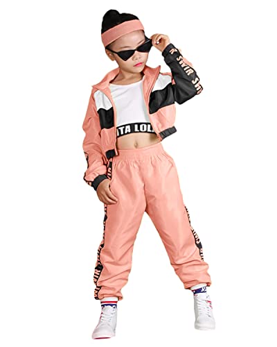 LOLANTA 3-teiliges Hip-Hop-Kleidungsset für Mädchen, Street-Dance-Outfit für Kinder, kurzes Trägershirt, Fluoreszierende Rosa Jacke und Joggerhose, Rosa, Etikettengröße: 130 von LOLANTA