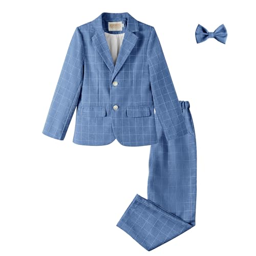 LOLANTA 3-teiliges Jungen Rauchblau Plaid Anzug Set, Eleganter Blazer für Hochzeits-Abschlussball, Formelle Kleidung Jacken-Hose-Fliege Set(Rauchblau,2-3 Jahre,Tag 90) von LOLANTA