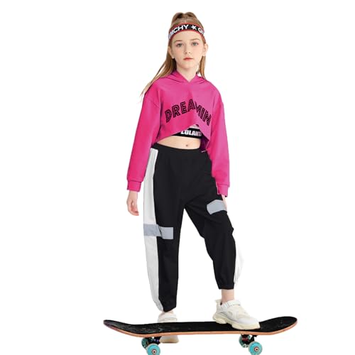 LOLANTA 3-teiliges Set Mädchen Hip Hop Tanzkleidung, Street dance Kleidung für Kinder, Hoodie, Tank Top, Joggerhose, Rosa von LOLANTA